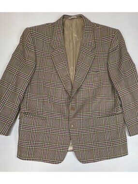 Vintage San Remo Men 56 Cashmere Wool Blazer Plaid Brown Red Sport Coat